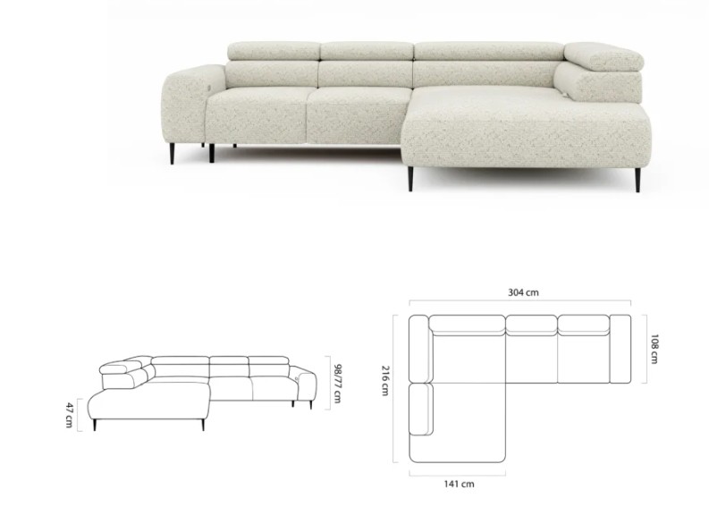 Rozmerový nákres rohovej sedacej súpravy THEO: šírka 304 cm, hĺbka 216 cm, hĺbka hlavnej časti 108 cm, šírka otomanovej časti 141 cm, výška 98/77 cm a výška sedu 47 cm.